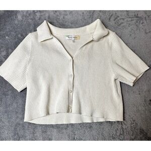 Women's Short Sleeve Polo Top Shirt Collar‎ Button Up Ribbed White Stretch XL